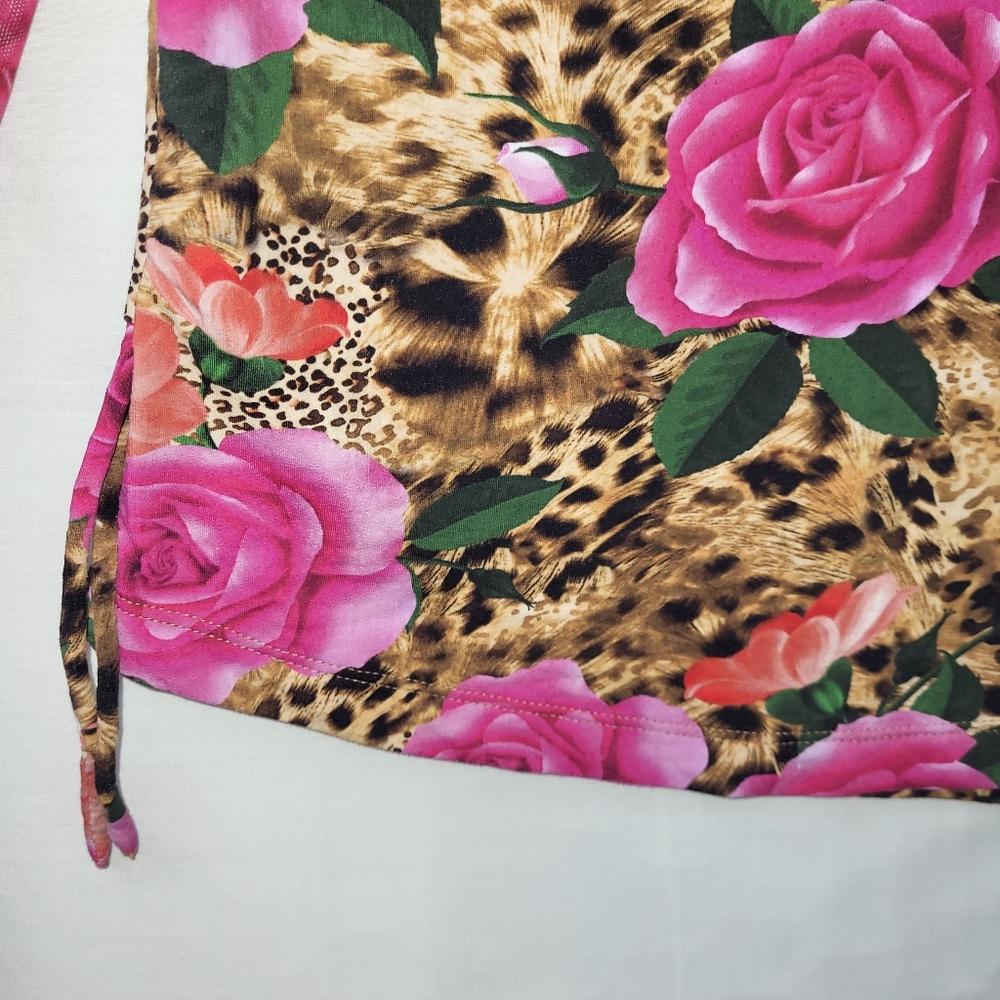 IBKUL Jovanna Quarter Zip Ruched Sides Top Women's Size Small Floral Leopard - Picture 7 of 8